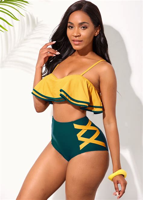 Ruffle Hem Contrast Spaghetti Strap High Waisted Bikini Set Modlily Usd