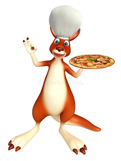 Cute Kangaroo Cartoon Character With Pizza And Chef Hat Stock