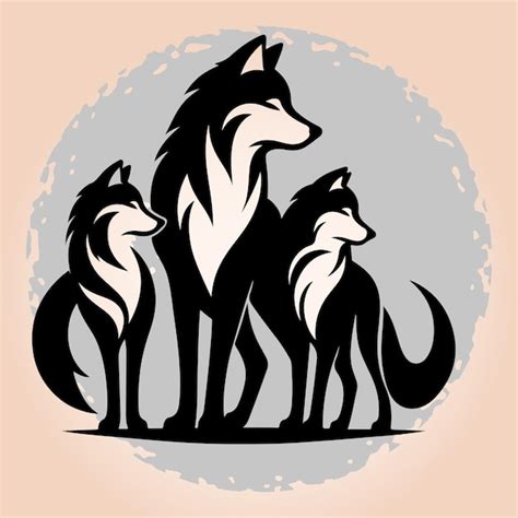 Los Lobos Aullando A La Luna Con Sus Cachorros Vector Premium
