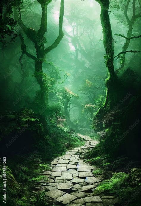 A beautiful path leading into a mysterious forest. Fantasy art matte ...