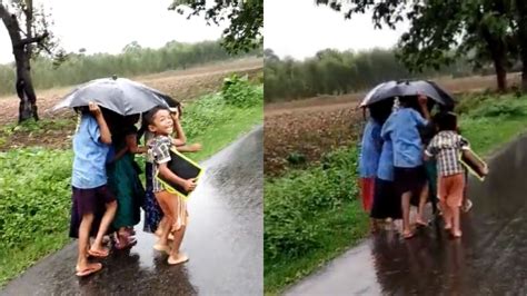 Children Take Shelter From Rain Under One Umbrella Exemplifying