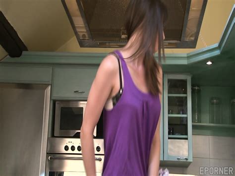 Skinny Brunette Naked In Kitchen