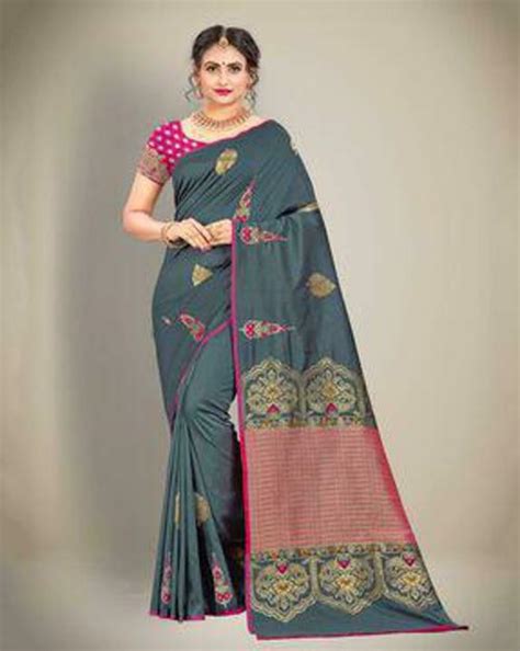 buy rajshree women grey silk blend woven design traditional saree