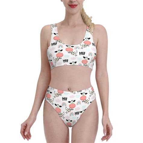 Bikini Sets For Women Funny Cute Cow Rainbow Clouds High Waisted
