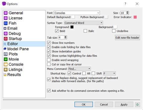 editor options pfc  documentation