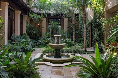 Courtyard Featuring A Fountain Surrounded By Lush Greenery A Tranquil