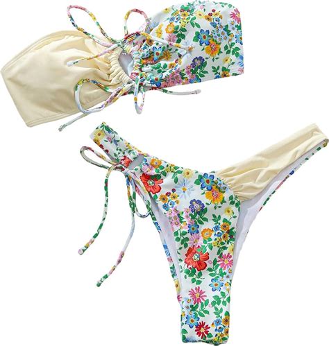 Amazon Makemechic Women S Piece Bandeau Swimsuit Boho Ring Strapless High Cut Bikini Sets