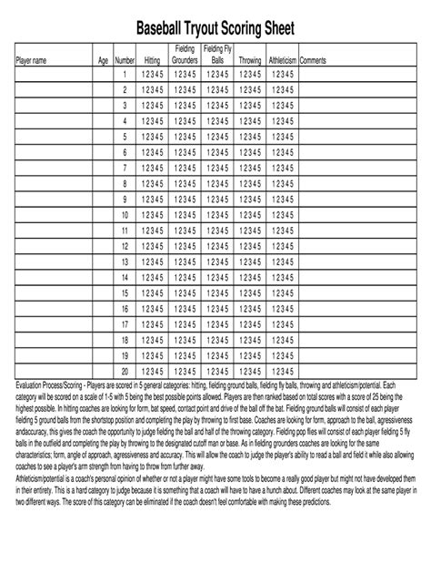 Printable Baseball Tryout Evaluation Form