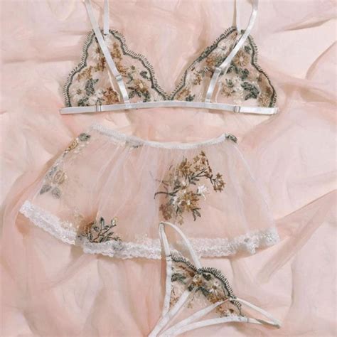 Lace Embroidery Lingerie Set Bra Mini Skirt Thong Depop