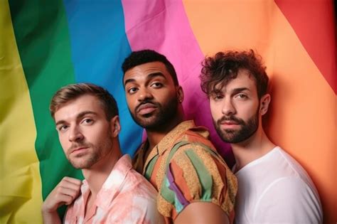 Feminista Masculino Y Orgullo Gay Con Bandera Del Arco Iris En Retrato De Pared En Verano Creado