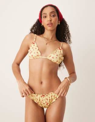Asos Design Cherry Rose Slip Bikini Sgambati Stropicciati Giallo Burro Asos