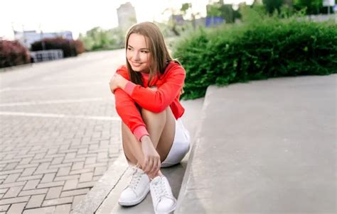 Wallpaper Model Street Women Brunette Plants Smiling Skirt Sneakers For Mobile And