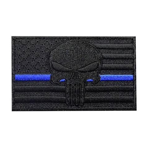 Punisher Skull Thin Blue Line Patch Embroidered Hook Black Miltacusa
