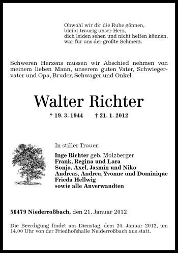 Traueranzeigen Von Walter Richter Rz Trauer De