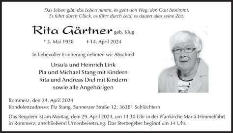 Traueranzeigen von Rita Gärtner trauer36 de