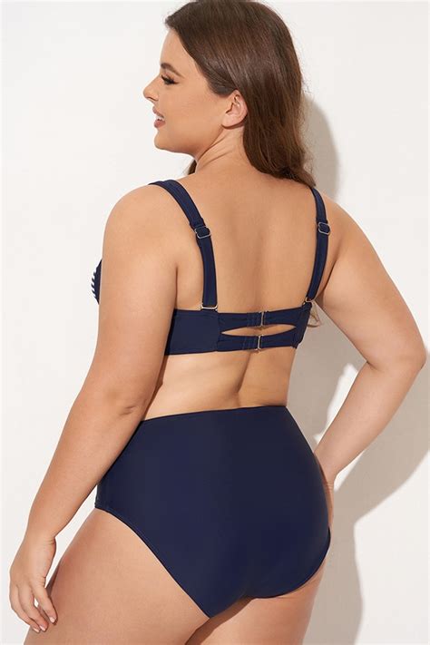 Top De Bikini Azul Marino Con Torcida Delantera A Rayas Meet Curve Meet Curve