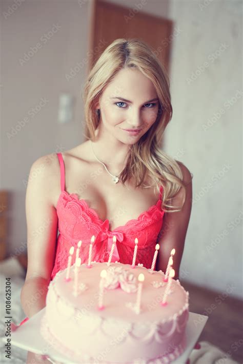 Sexy Blonde Woman Holding Birthday Cake In Underwear Stock Photo Adobe Stock