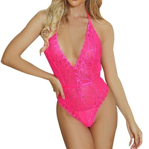 Jurebecia Body Lingerie Dentelle Femme Col V Sling S Duisant Amincissant Sexy Dos Nu Transparent