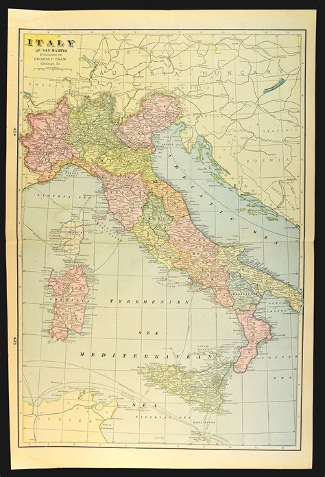Italy Map Of Italy Wall Art Decor Antique Large Sicily Sardini Etsy