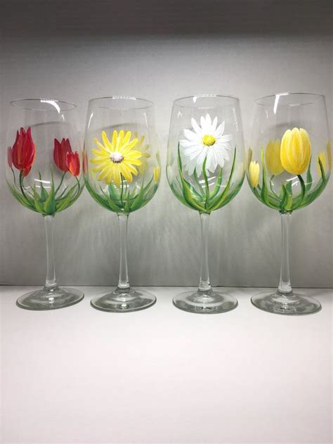 Pretty Spring Flowers Hand Painted Wine Glasses Etsy Hand Painted