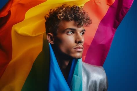 Premium AI Image Expressive Pride Photo Of A Gay Man With A Rainbow Flag Pride Month