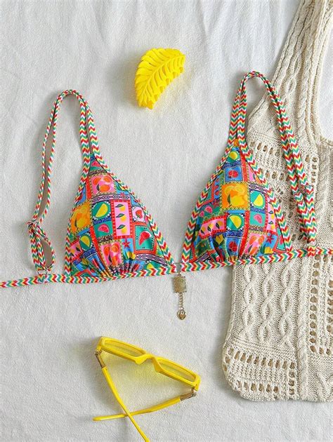 Swim Mod Spring Break Beach Vacation Allover Print With Ringer Contrast Color Pendant Bikini Top
