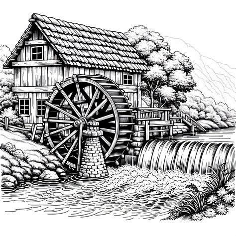 Roata unei mori vechi se rotește încet în apă - Desen de colorat gratuit