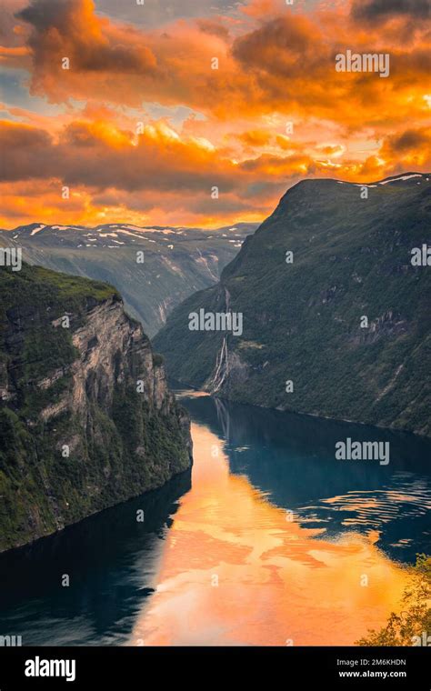 Sunset Over The Geirangerfjord And The Seven Sisters Waterfall Norway