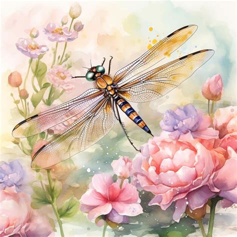 Premium Photo Beautiful Dragonfly In A Garden Scene Watercolor