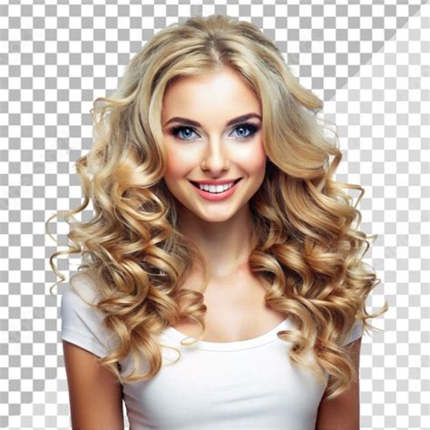 Une belle femme blonde aux cheveux bouclés souriant sur un fond transparent PSD Premium