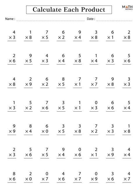 Multiplication Facts Worksheets Math Monks