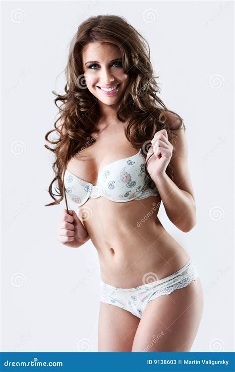 Smiling Busty Brunette In White Lingerie Stock Image Image