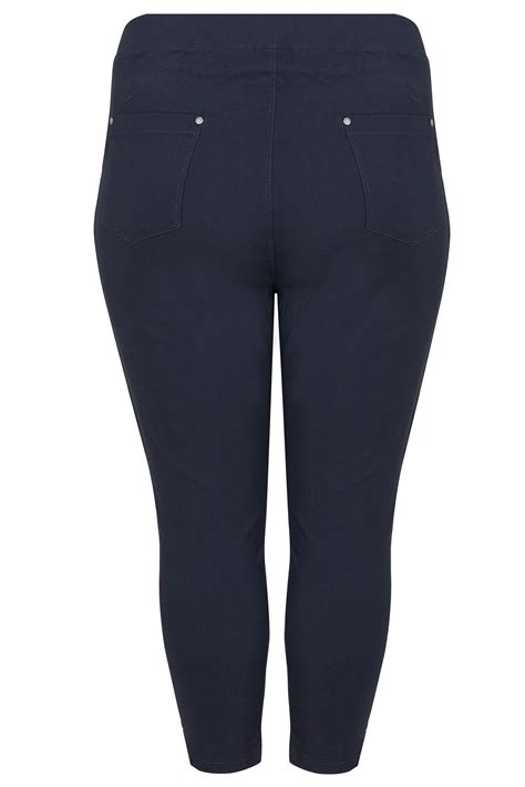Navy Blue Bengaline Cropped Pull On Trousers Plus Size 16 To 36