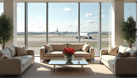 modern airport lounge features comfortable sofas large windows