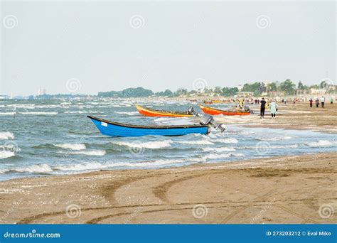 Traditional Iranian Colorful Wooden Motor Boats On Caspian Sea Shore In