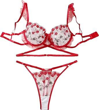Amazon Soly Hux Women S Floral Embroidery Mesh Underwire Lingerie Set Bralette Bra And