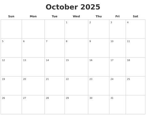 October 2025 blank calendar pages