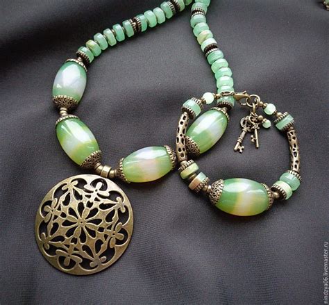 Купить колье и браслет "Тмин" с хризопразом и ониксом - салатовый ...