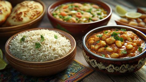 delicious indian cuisine chana masala rice naan bread stock