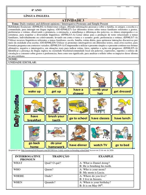 Texto Sobre Rotina Diária Em Inglês 6 Ano - Atividades sobre Rotina Diária em Inglês | PDF | Linguística ...