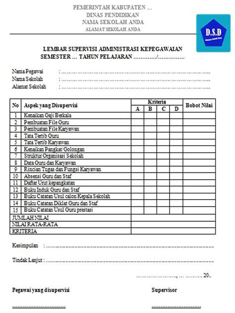 Format Lembar Penilaian Supervisi Administrasi Kepegawaian Dokumen Sekolah Dasar