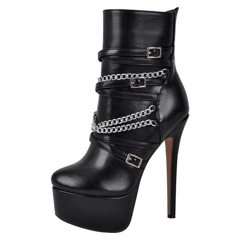 Maken Round Toe Stiletto Heels Chain With Buckle Straps Punk Side