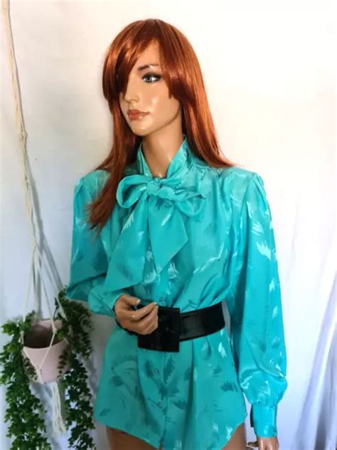 Vintage S Blue Pussy Bow Power Secretary Blouse Shiny Abstract Pattern Eur