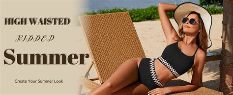 Amazon Zuvebamyo Women S High Waisted Swimsuit Two Piece Ribbed Bikini Sets Crop Top High