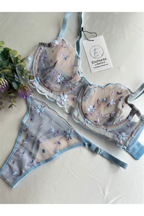 Enchante Lingerie Santorini Kadın Mavi Iç Çamaşır Takımı Transparan Çiçek Işlemeli Sütyen