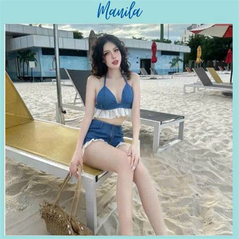 QCCC Store Jean Set Bikini Swimsuit 2 Piece Mixed With Luxurious Ruffles For Girls Going To