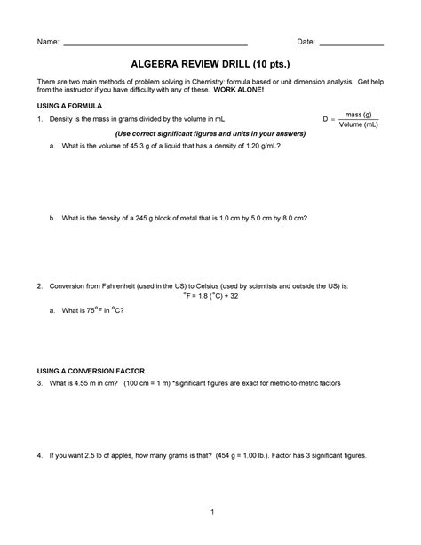 Algebra Review Drill 1 Have Fun And Enjoy It 1 Name Date