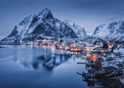 reine  night lofoten islands norway winter stock photo image