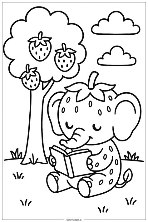 Elefaante De Morango Colorir - Página de Colorir Elefante Morango Lendo um Livro Debaixo de uma Árvore ...