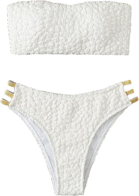 Amazon Cozyease Women S Piece Textured Bandeau Bikini Swimsuit Sexy Cut Out Bikini Set